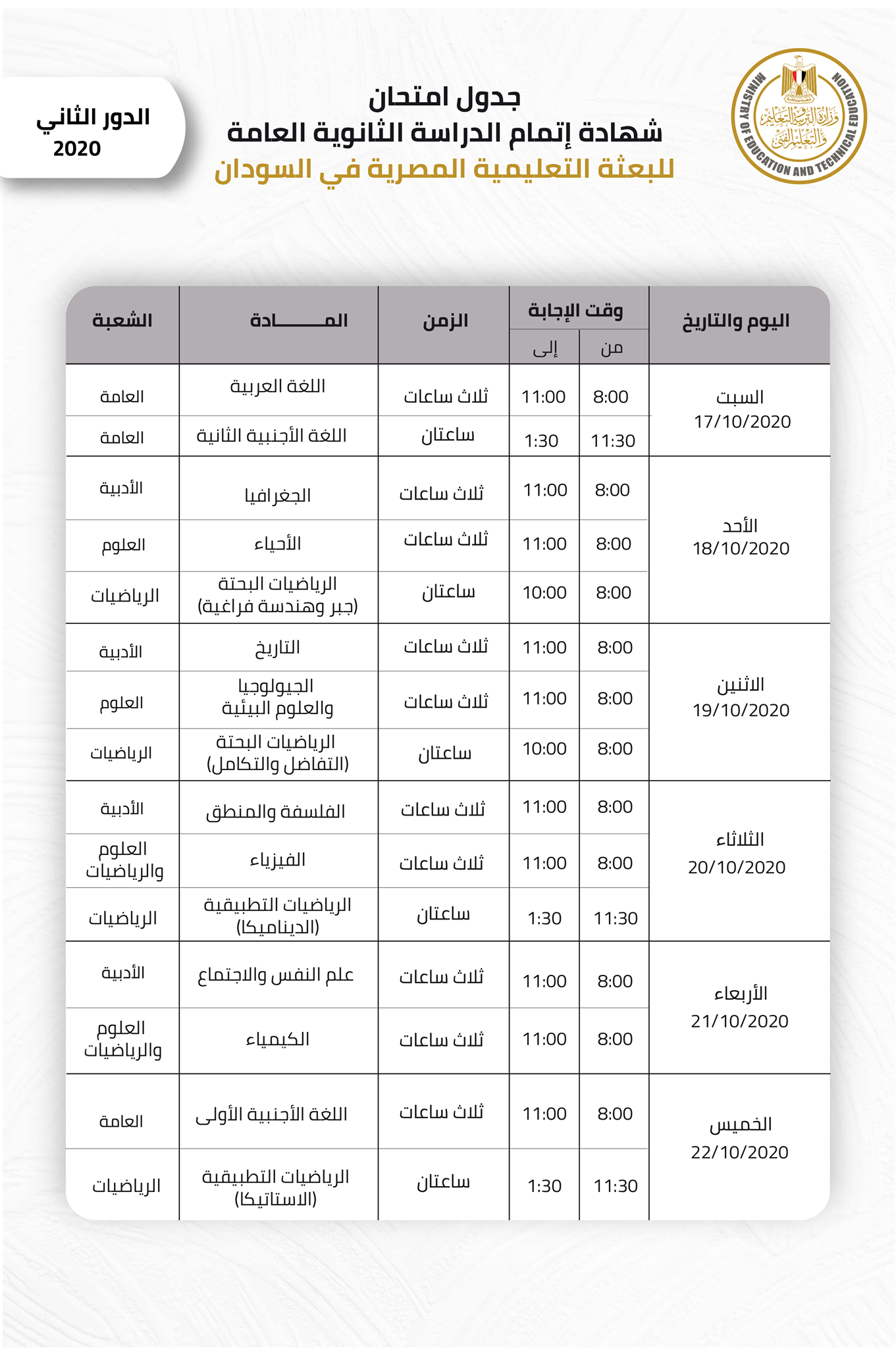 ننشر جدول امتحان الدور الثاني ٢٠٢٠ للشهادة الثانوية العامة لطلاب مدارس